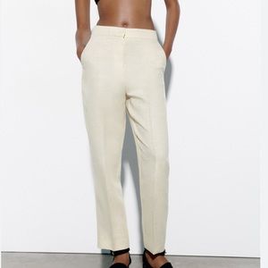 Ivory Linen Blend Pants With Metallic Thread